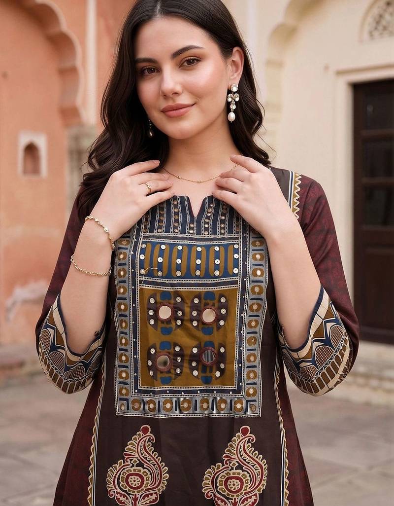 women ethnic motifs printed regular cotton kurta with trousers & with dupatta
