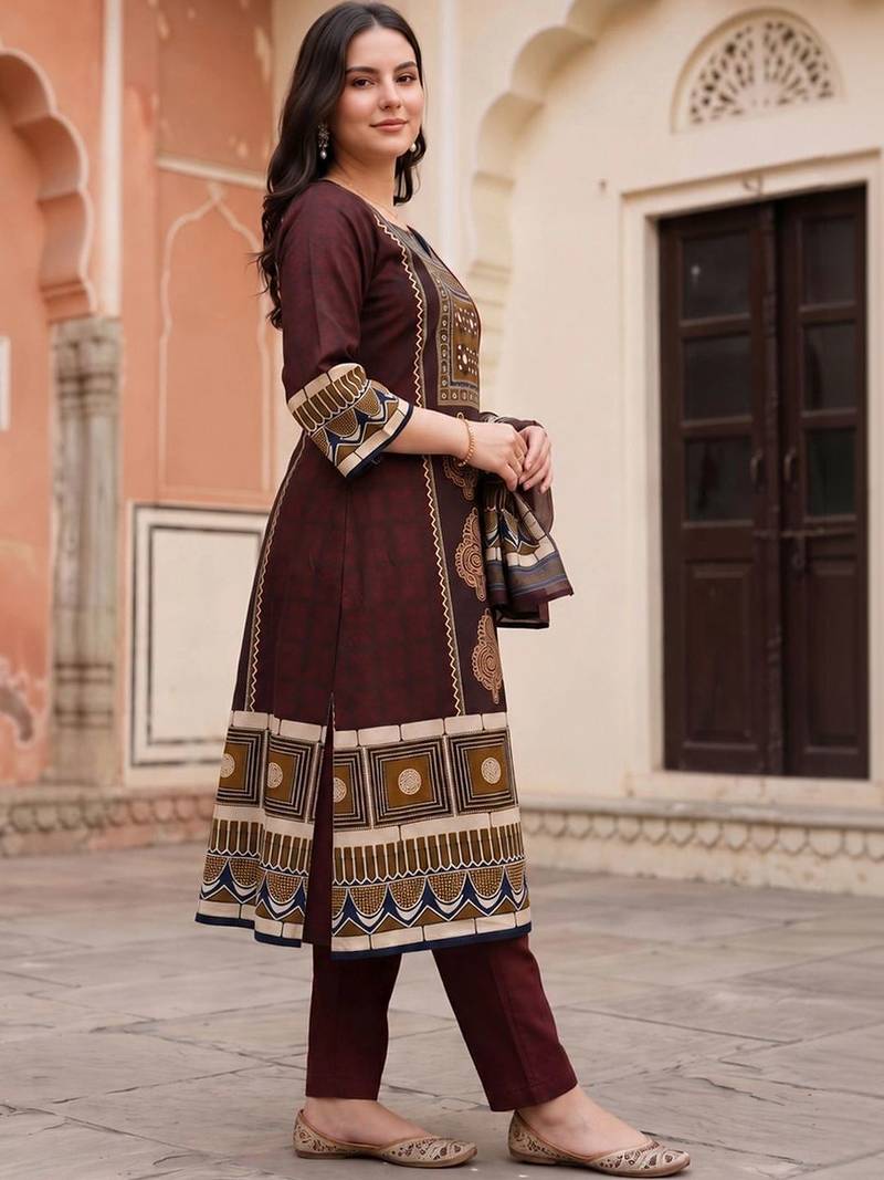 women ethnic motifs printed regular cotton kurta with trousers & with dupatta