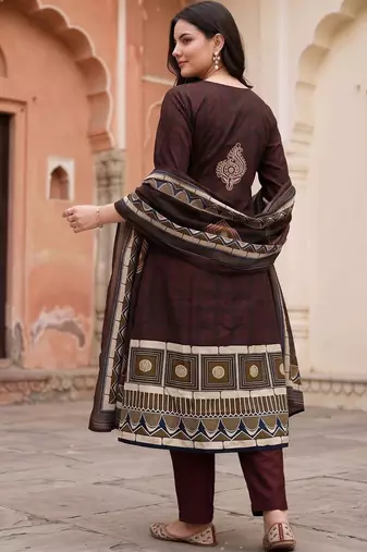 women ethnic motifs printed regular cotton kurta with trousers & with dupatta
