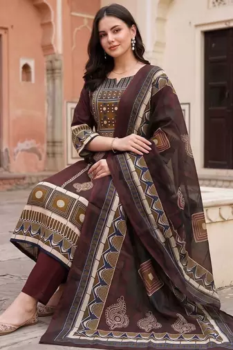women ethnic motifs printed regular cotton kurta with trousers & with dupatta