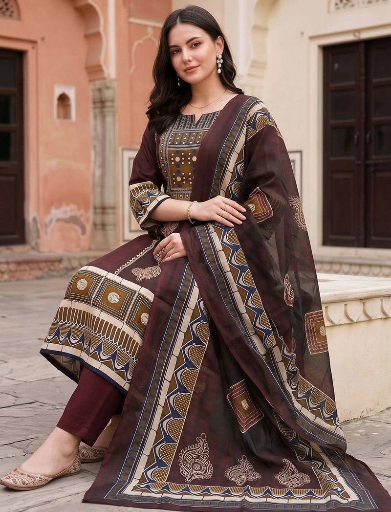 women ethnic motifs printed regular cotton kurta with trousers & with dupatta