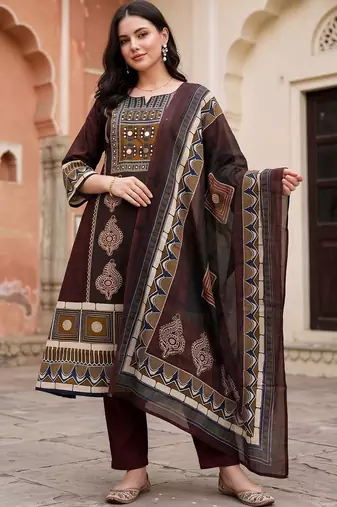 women ethnic motifs printed regular cotton kurta with trousers & with dupatta
