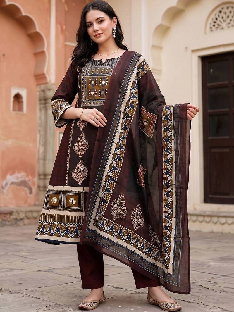 women ethnic motifs printed regular cotton kurta with trousers & with dupatta