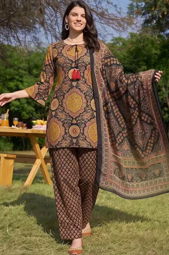 women ethnic motifs printed regular cotton kurta with palazzos & with dupatta