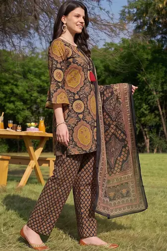 women ethnic motifs printed regular cotton kurta with palazzos & with dupatta