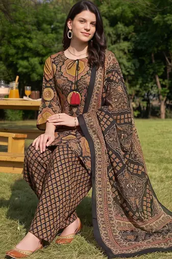 women ethnic motifs printed regular cotton kurta with palazzos & with dupatta