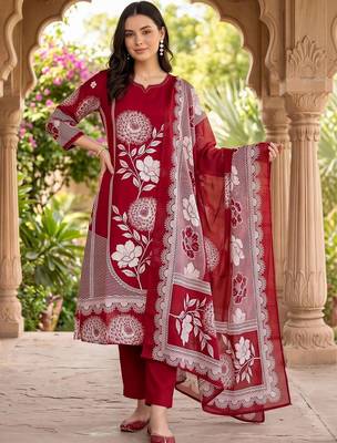 women floral printed regular cotton kurta with trousers & with dupatta 1