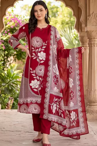 women floral printed regular cotton kurta with trousers & with dupatta