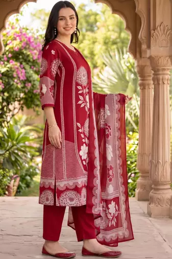 women floral printed regular cotton kurta with trousers & with dupatta