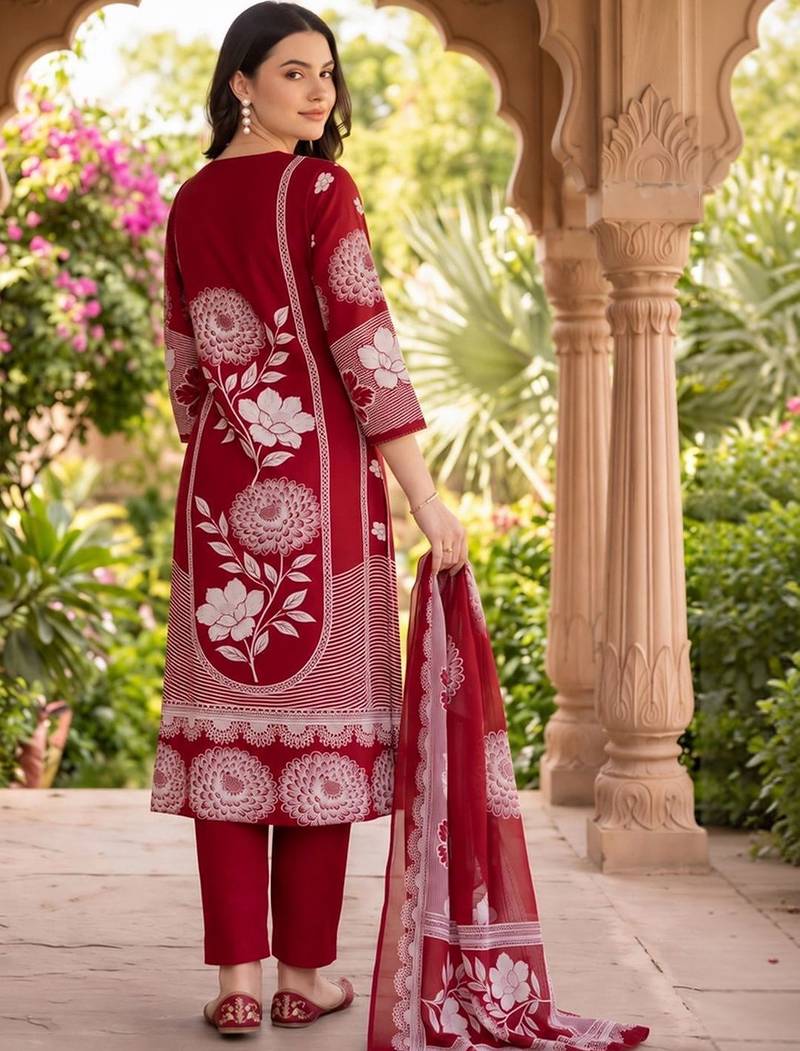 women floral printed regular cotton kurta with trousers & with dupatta