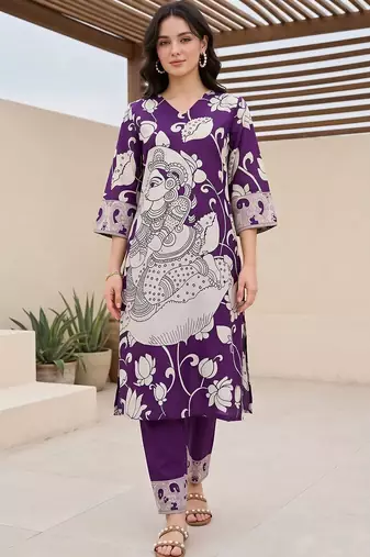 women ethnic motifs printed v-neck straight cotton kurta with trousers