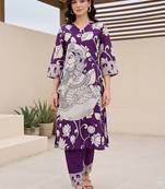women ethnic motifs printed v-neck straight cotton kurta with trousers