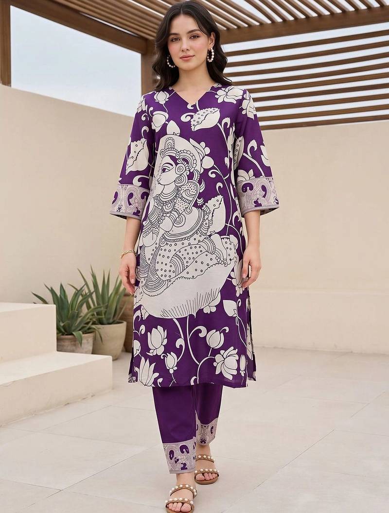 women ethnic motifs printed v-neck straight cotton kurta with trousers
