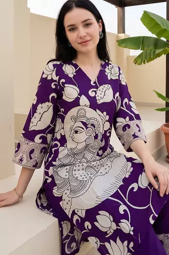 women ethnic motifs printed v-neck straight cotton kurta with trousers