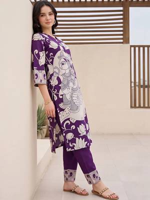 women ethnic motifs printed v-neck straight cotton kurta with trousers 4