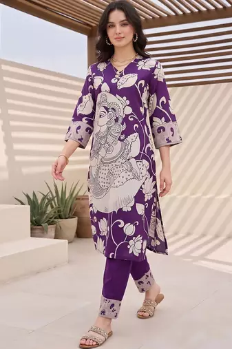 women ethnic motifs printed v-neck straight cotton kurta with trousers