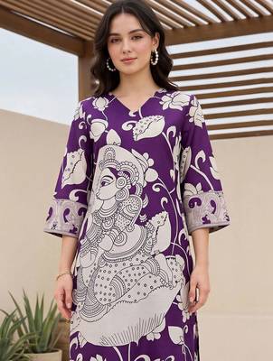 women ethnic motifs printed v-neck straight cotton kurta with trousers 6