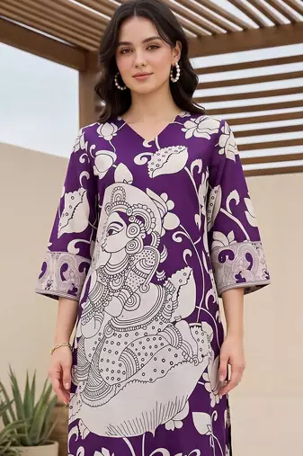 women ethnic motifs printed v-neck straight cotton kurta with trousers