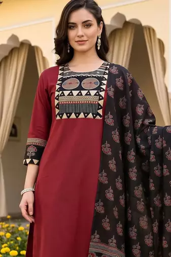 women ethnic motifs printed regular cotton kurta with trousers & with dupatta