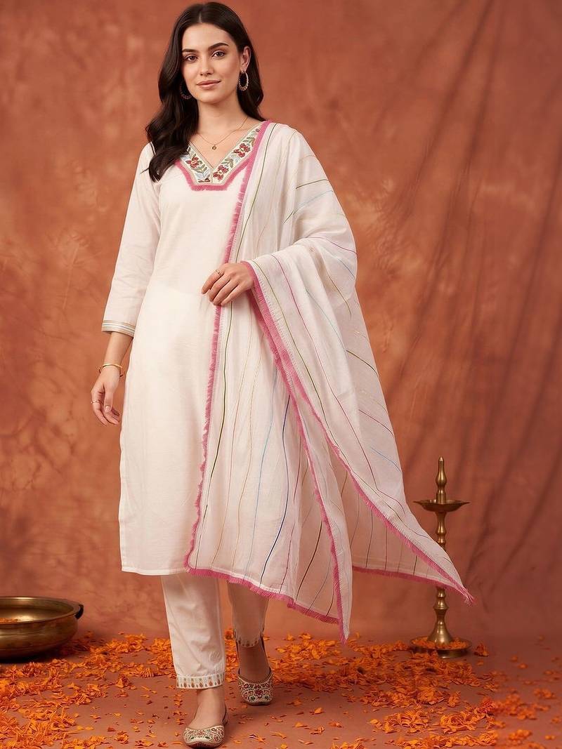 women ethnic motifs embroidered regular thread work kurta with trousers & with dupatta