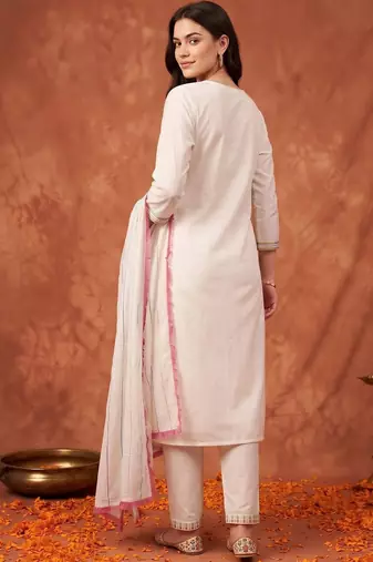 women ethnic motifs embroidered regular thread work kurta with trousers & with dupatta