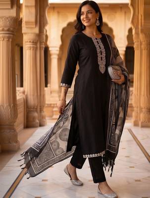 women ethnic motifs embroidered regular thread work kurta with trousers & with dupatta 1