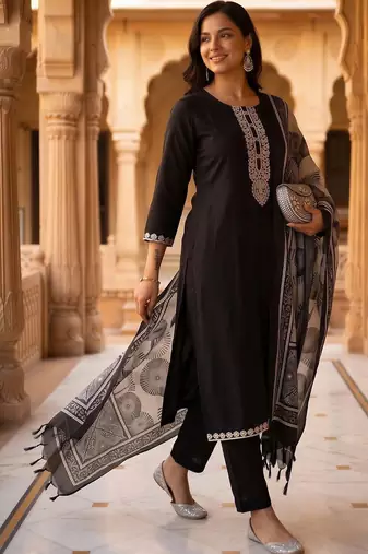 women ethnic motifs embroidered regular thread work kurta with trousers & with dupatta