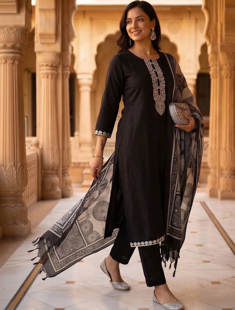 women ethnic motifs embroidered regular thread work kurta with trousers & with dupatta