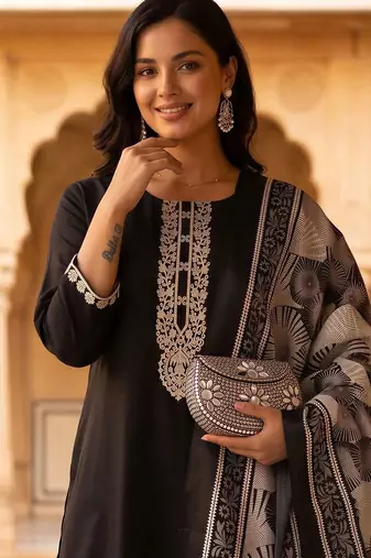 women ethnic motifs embroidered regular thread work kurta with trousers & with dupatta