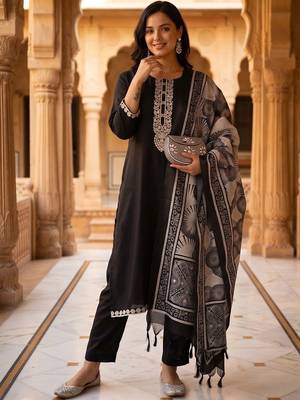 women ethnic motifs embroidered regular thread work kurta with trousers & with dupatta 5