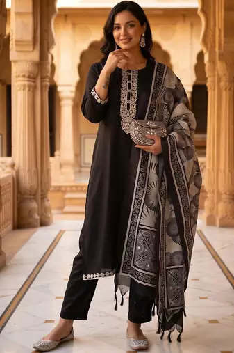 women ethnic motifs embroidered regular thread work kurta with trousers & with dupatta