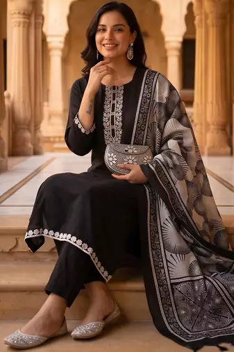 women ethnic motifs embroidered regular thread work kurta with trousers & with dupatta