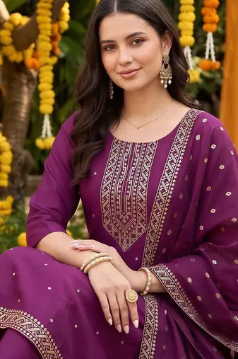 women ethnic motifs embroidered regular kurta with trousers & with dupatta