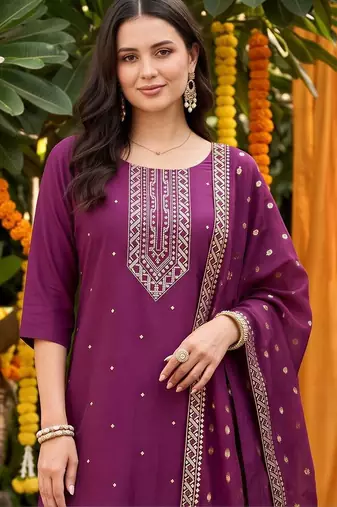 women ethnic motifs embroidered regular kurta with trousers & with dupatta