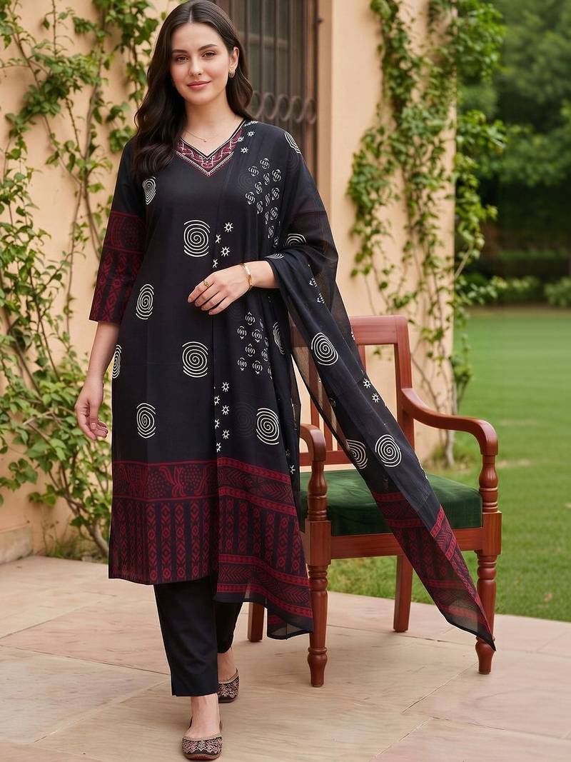women ethnic motifs printed regular thread work cotton kurta with trousers & with dupatta