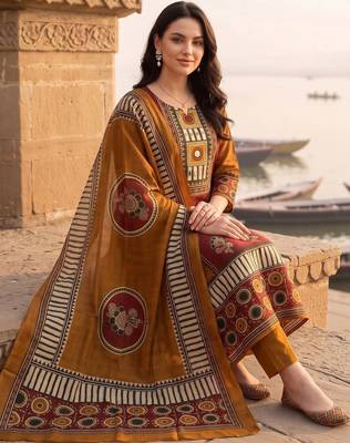 women ethnic motifs printed regular cotton kurta with trousers & with dupatta 1