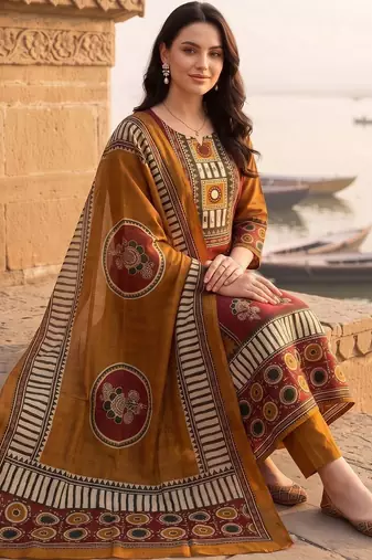 women ethnic motifs printed regular cotton kurta with trousers & with dupatta