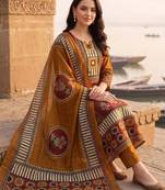 women ethnic motifs printed regular cotton kurta with trousers & with dupatta