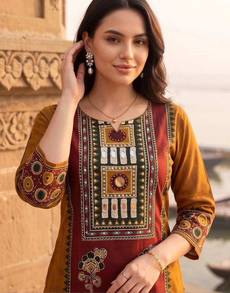 women ethnic motifs printed regular cotton kurta with trousers & with dupatta