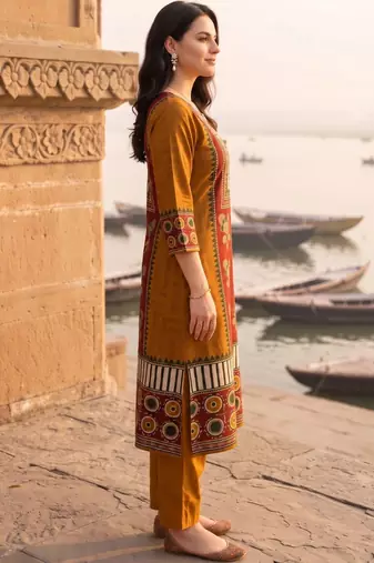 women ethnic motifs printed regular cotton kurta with trousers & with dupatta