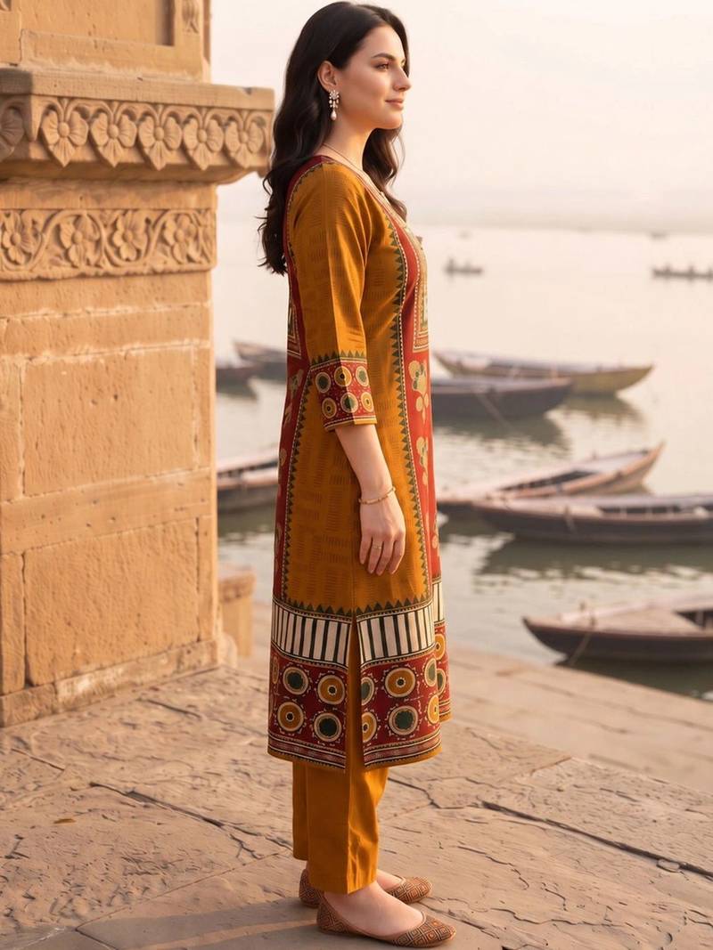women ethnic motifs printed regular cotton kurta with trousers & with dupatta