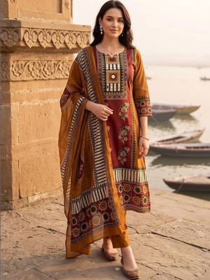 women ethnic motifs printed regular cotton kurta with trousers & with dupatta 4