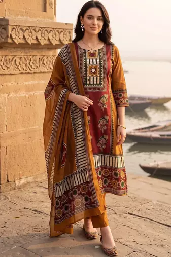 women ethnic motifs printed regular cotton kurta with trousers & with dupatta