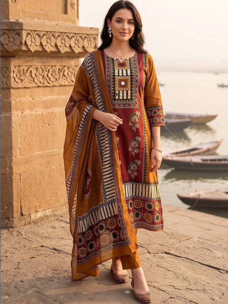 women ethnic motifs printed regular cotton kurta with trousers & with dupatta