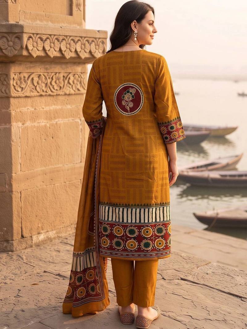 women ethnic motifs printed regular cotton kurta with trousers & with dupatta