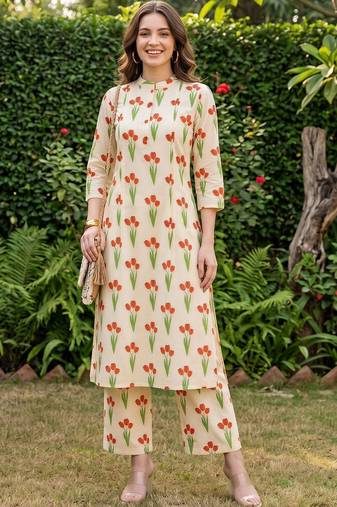 women floral printed regular cotton kurta with trousers
