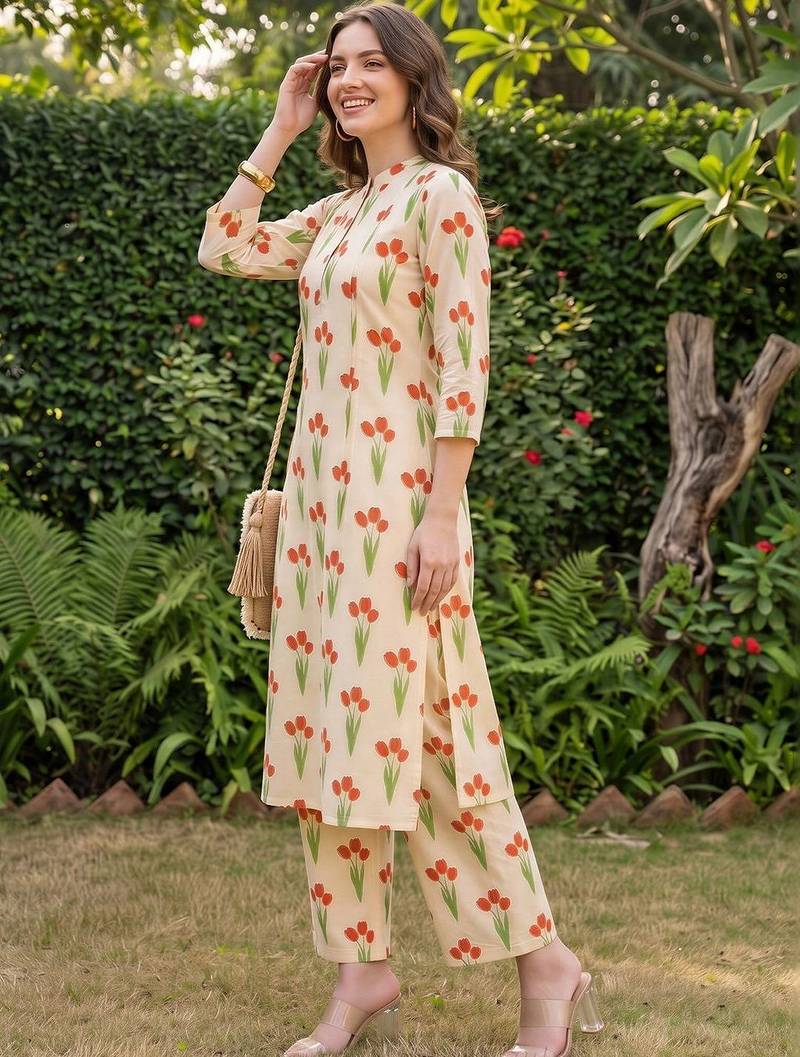 women floral printed regular cotton kurta with trousers