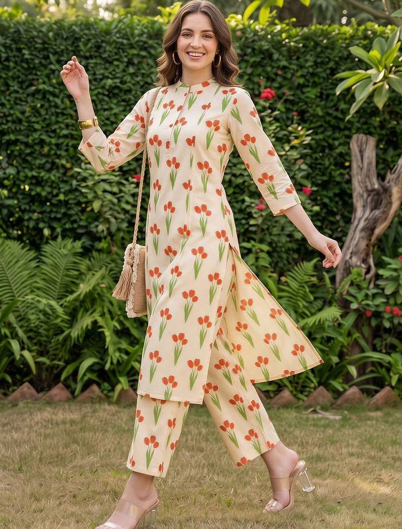 women floral printed regular cotton kurta with trousers