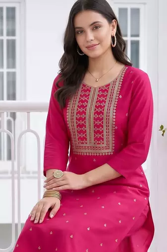 women ethnic motifs embroidered regular kurta with trousers