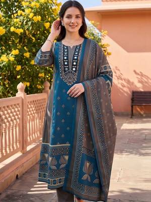 women ethnic motifs printed regular mirror work cotton kurta with trousers & with dupatta 2